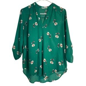 Lush V-Neck 3/4 Sleeve Blouse, Green Floral, Women’s Medium